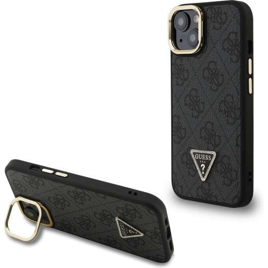 Guess PU 4G Strass Triangle Logo Stand Camera Frame MagSafe kryt iPhone 13 černý