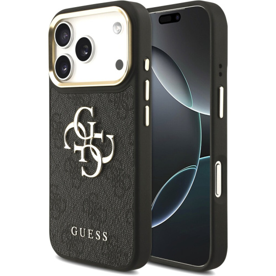 Guess PU Leather 4G Metal Logo Gold Frame kryt iPhone 17 Pro černý