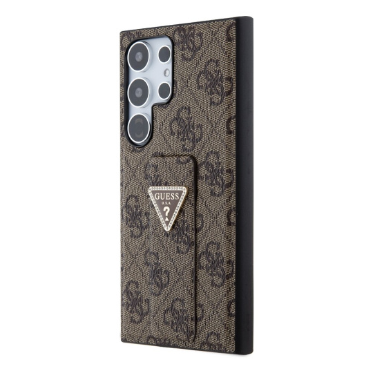 Guess PU Grip Stand 4G Strass Triangle Metal Logo kryt Samsung Galaxy S24 Ultra  hnědý