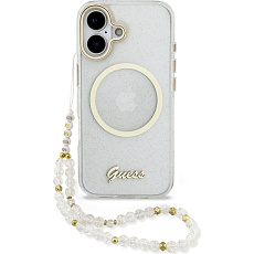 Guess IML Glitter Script Strap MagSafe kryt iPhone 17 čirý