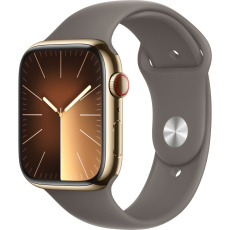 Apple Watch Series 9 Cellular 45mm Zlatá ocel s jílově šedým sportovním řemínkem M/L