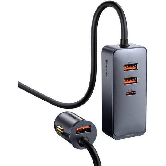 Baseus Rychlonabíječka do auta 3xUSB/1xUSB-C120W s prodlužovacím kabelem 1,5m šedý