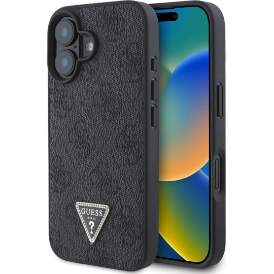 Guess PU 4G Strass Triangle Metal Logo kryt pro iPhone 16 černý