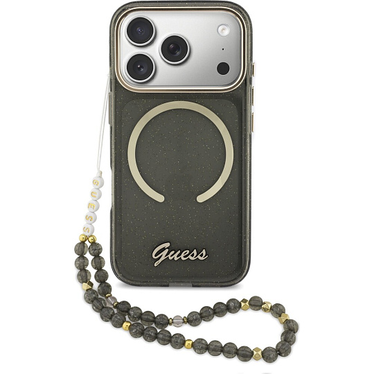 Guess IML Glitter Script Strap MagSafe kryt iPhone 17 Pro černý