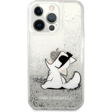 Karl Lagerfeld Liquid Glitter Choupette Eat Cover iPhone 13 Pro stříbrný
