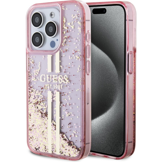 Guess PC/TPU Liquid Glitter Gold Stripe kryt iPhone 15 Pro růžový