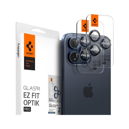 Spigen Glass tR EZ Fit Optik Pro 2 Pack sada skel iPhone 15 Pro/15 Pro Max modrý titan