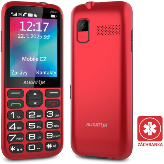 Aligator A930 GPS 4G Senior mobilní telefon s aplikací Záchranka (s nabíjecím stojánkem) červený