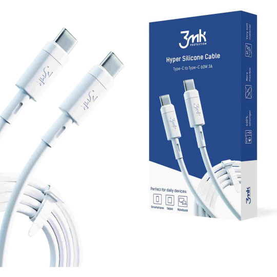 3mk Hyper Silicone Cable USB-C/USB-C datový kabel, 60W, 1m bílý