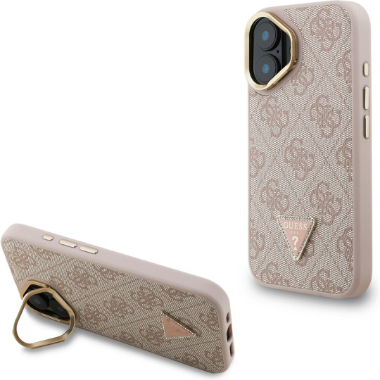 Guess PU 4G Strass Triangle Logo Stand Camera Frame MagSafe kryt iPhone 16 růžový